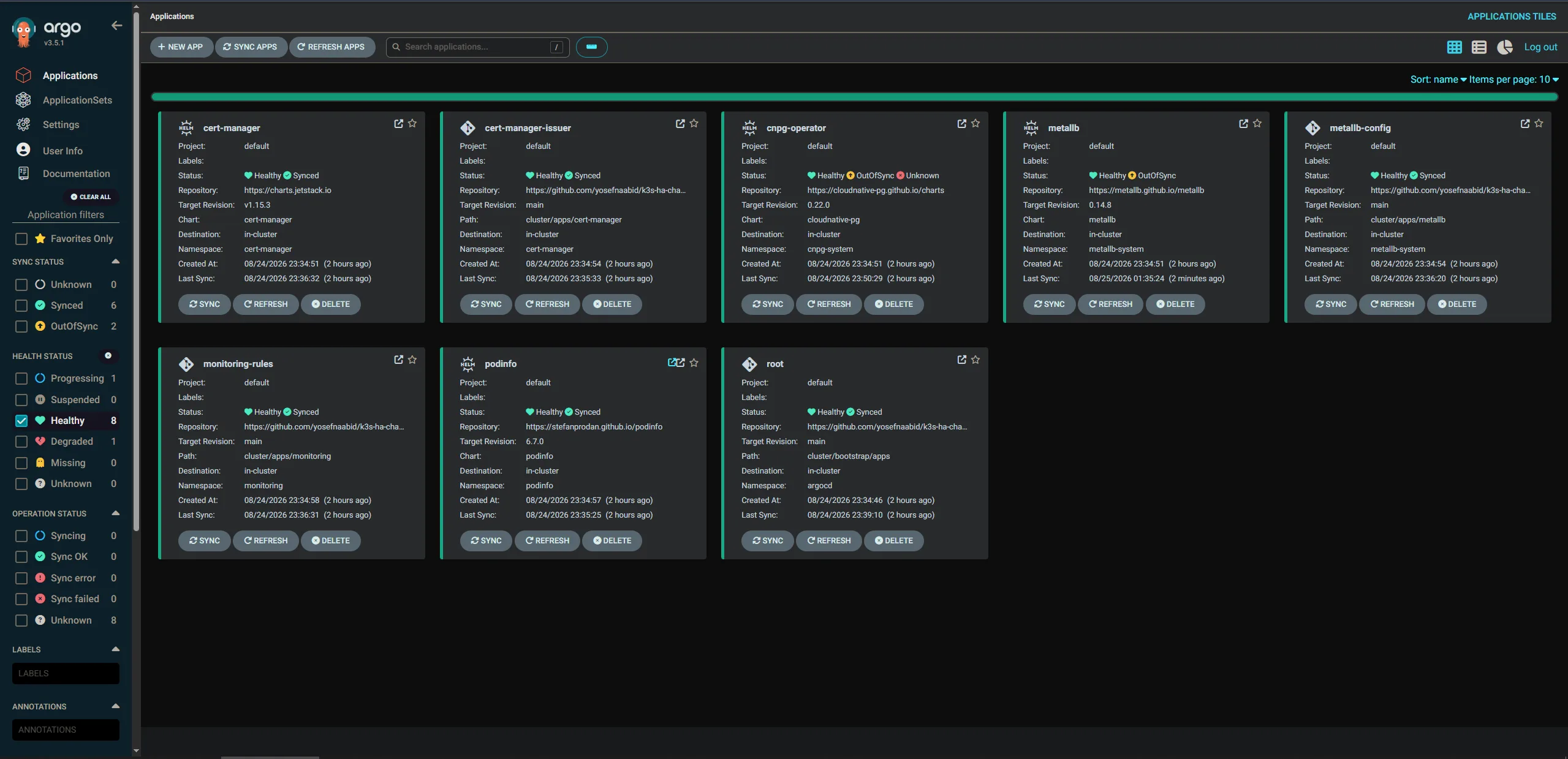 El árbol de aplicaciones en ArgoCD, todo en Synced y Healthy desde Git