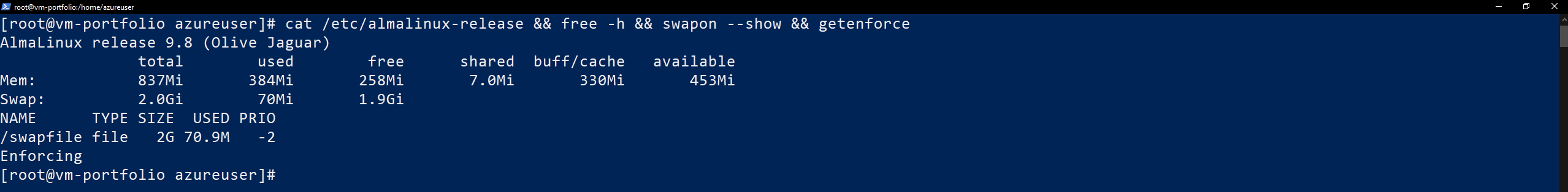 AlmaLinux 9.8 con 1 GB de RAM, swap de 2 GB y SELinux en enforcing