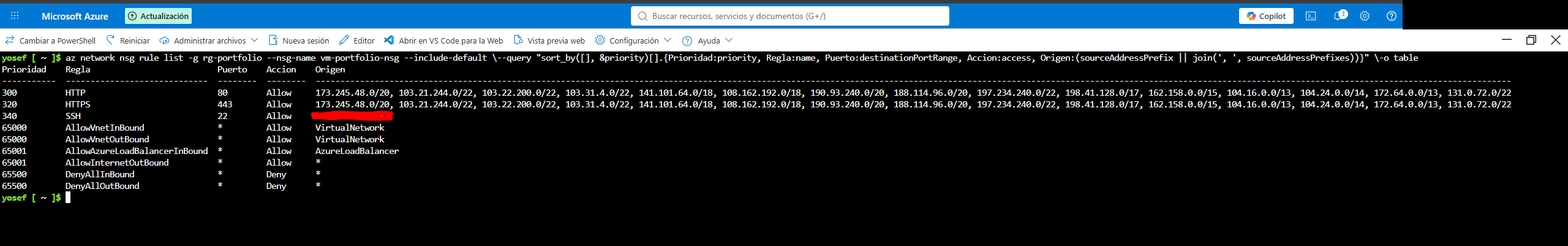 Toda la política del NSG en un comando, los puertos web solo aceptan los rangos de Cloudflare