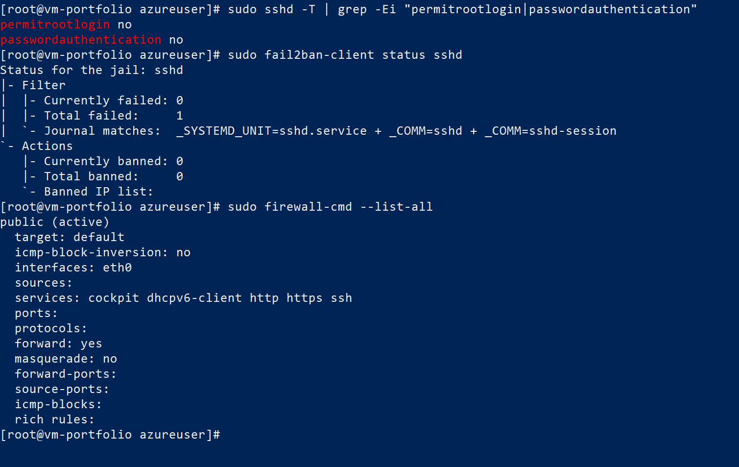 Root deshabilitado, solo clave pública, fail2ban activo y firewalld como segunda capa