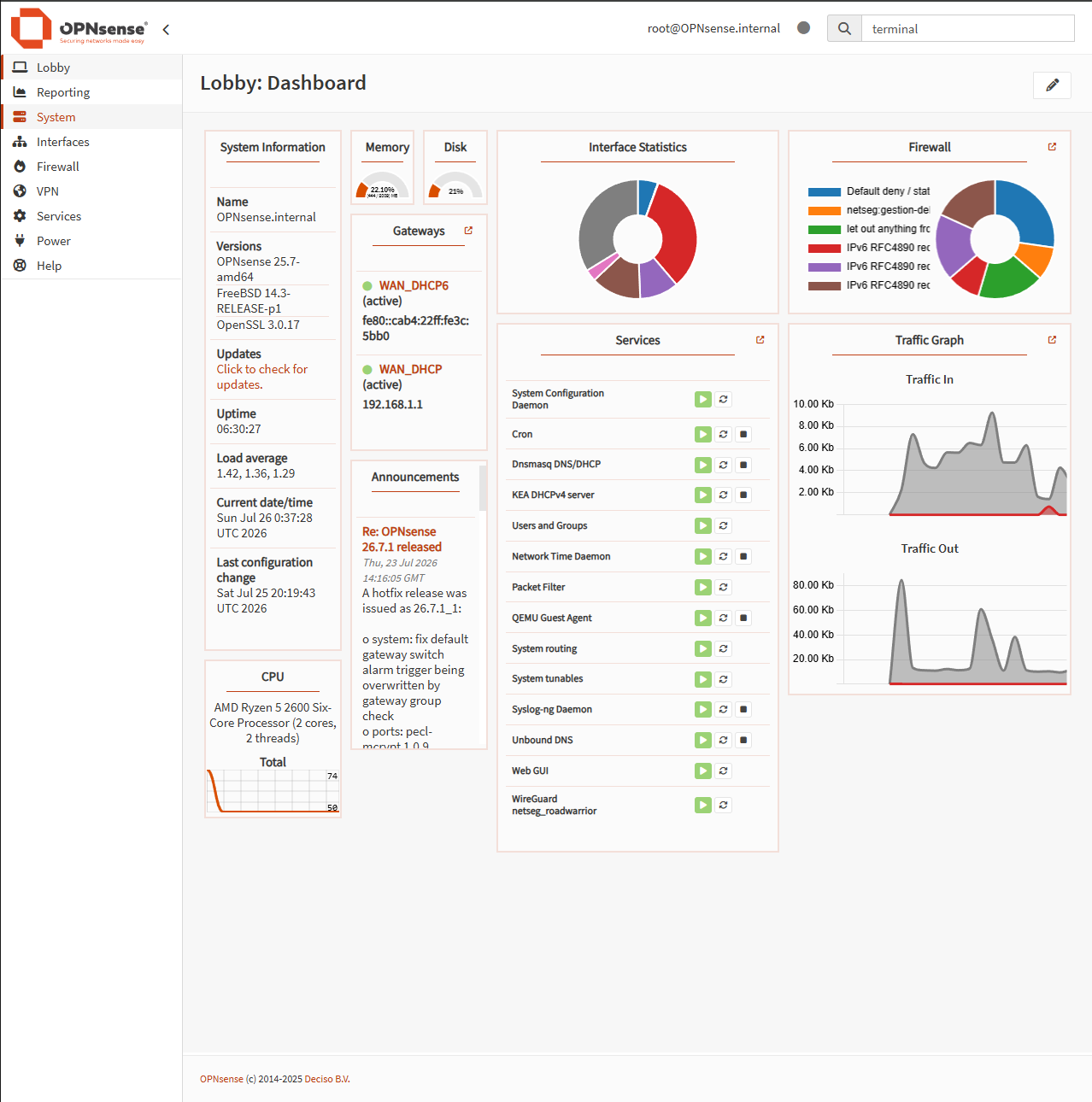 OPNsense running, with traffic split by rule and the VPN among the services