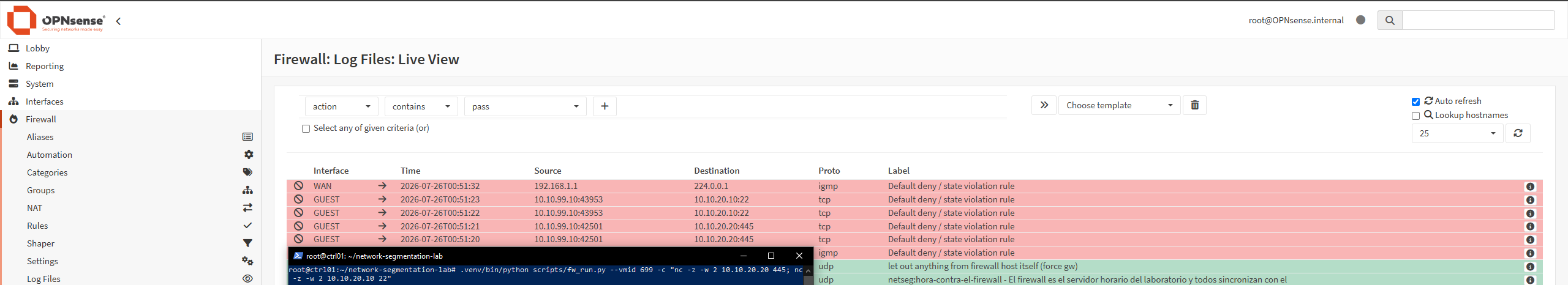 The live firewall log, with guest attempts against server SSH and Samba in red