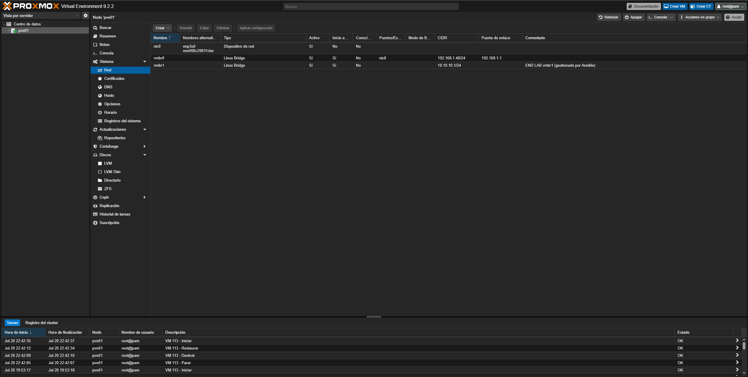 Bridge interno vmbr1 gestionado por Ansible